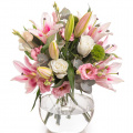 Buchet trandafiri, crini, eustoma