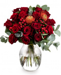 Bouquet with red roses and leucospermum – imaginea 1