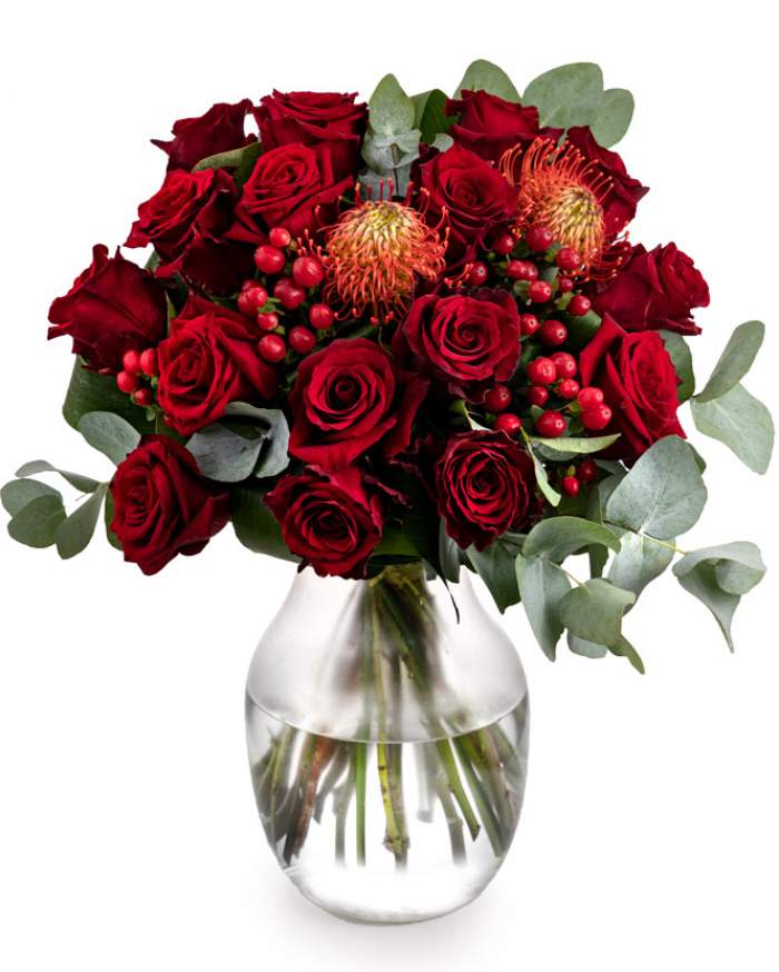 Bouquet with red roses and leucospermum – imaginea 1