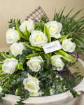 Bouquet with 11 white roses and palm leaves – imaginea 2