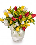 Bouquet with multicolored freesias, tulips and greenery – imaginea 1