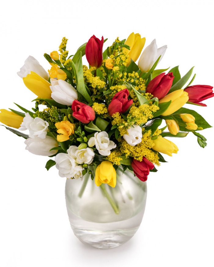 Bouquet with multicolored freesias, tulips and greenery – imaginea 1