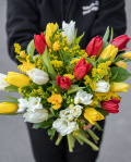 Bouquet with multicolored freesias, tulips and greenery – imaginea 3