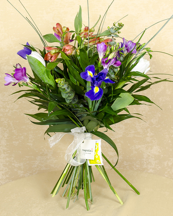 Bouquet with tulips, irises, freesias and alstroemeria