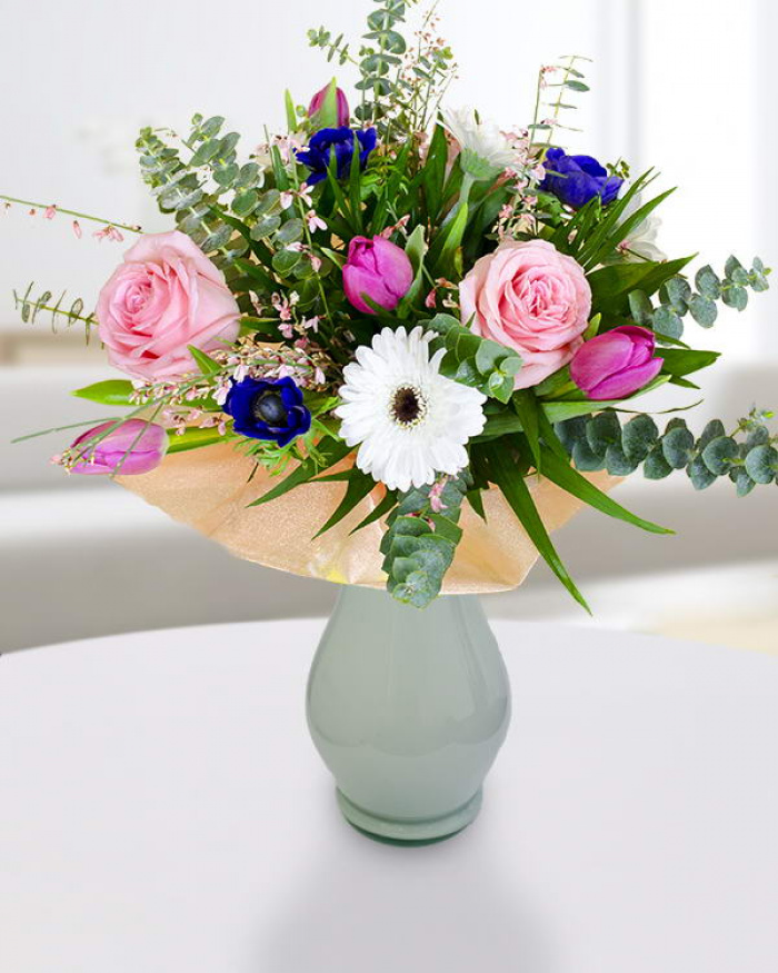 Bouquet with gerberas, roses, tulips and windflowers – imaginea 1