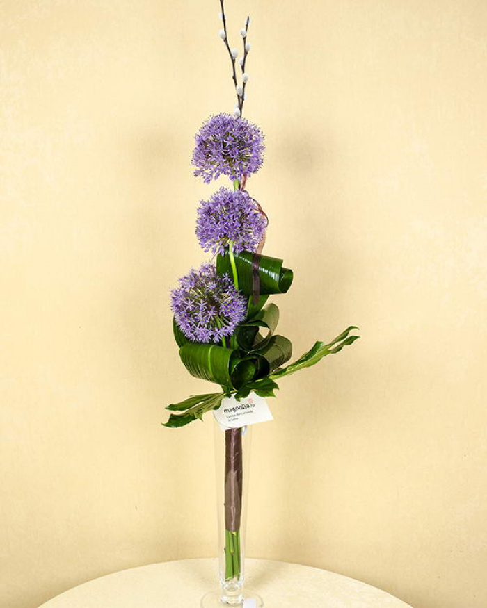 Buchet Allium decorat cu salix şi aspidistra