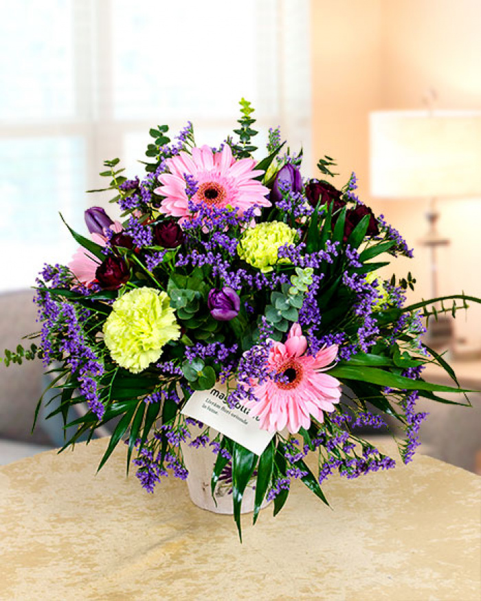 Arrangement with gerbera, limonium, roses, carnations, tulips – imaginea 1
