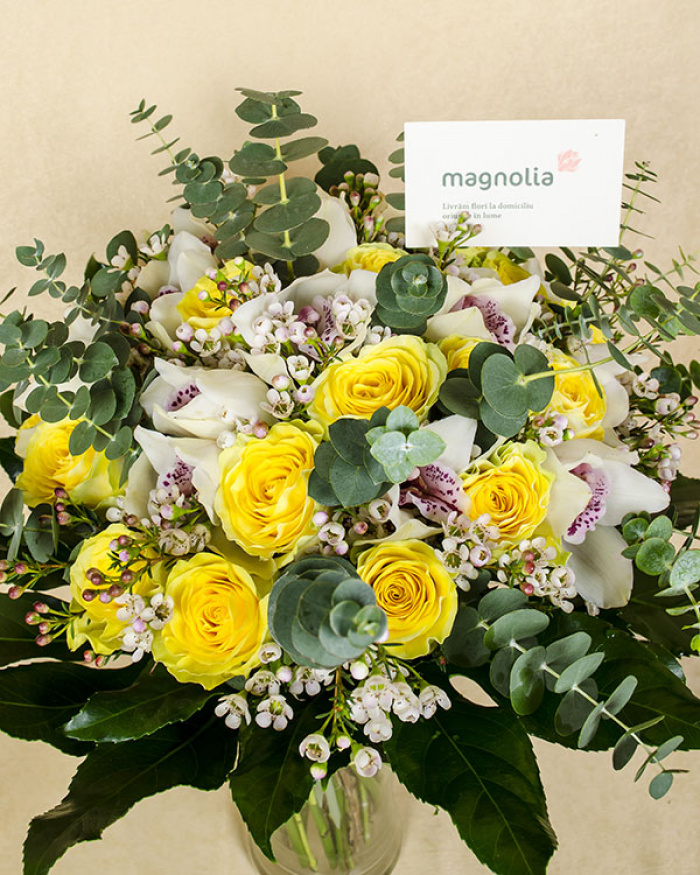Exotic bouquet with Cymbidium orchid, roses, eucalyptus, Aralia leaves