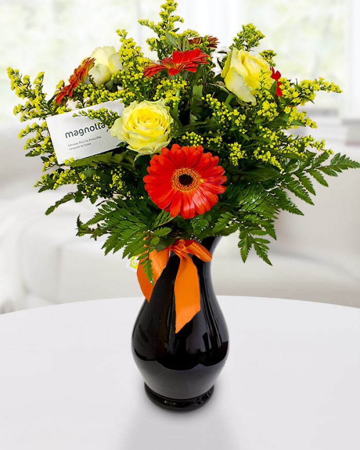 Yellow roses, solidago and gerbera bouquet – imaginea 1