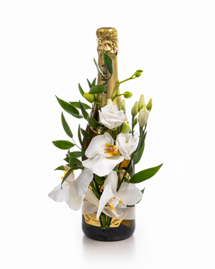 Aranjament sticlă vin spumant și Phalaenopsis – imaginea 1