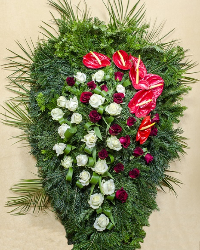 Funeral wreath with red, white roses and Anthurium – imaginea 1