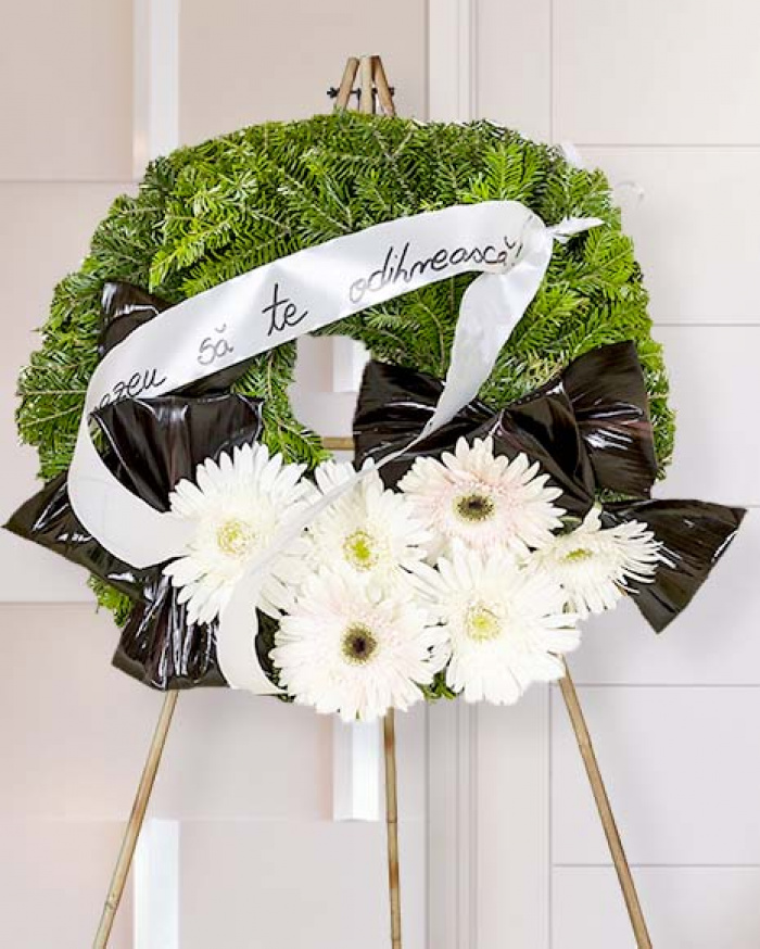 Jerbă funerară gerbera albă și frunze Cordyline – imaginea 1