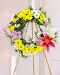 Funeral wreath with yellow and white chrysanthemums – imaginea 1