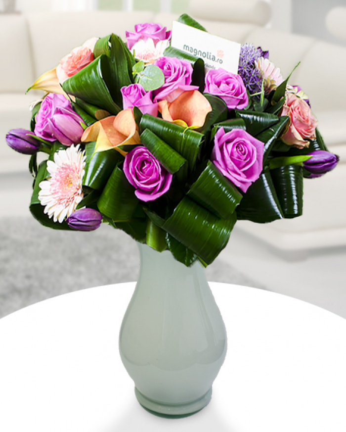 Bouquet callas, roses, tulips, gerbera and Aspidistra curls – imaginea 1