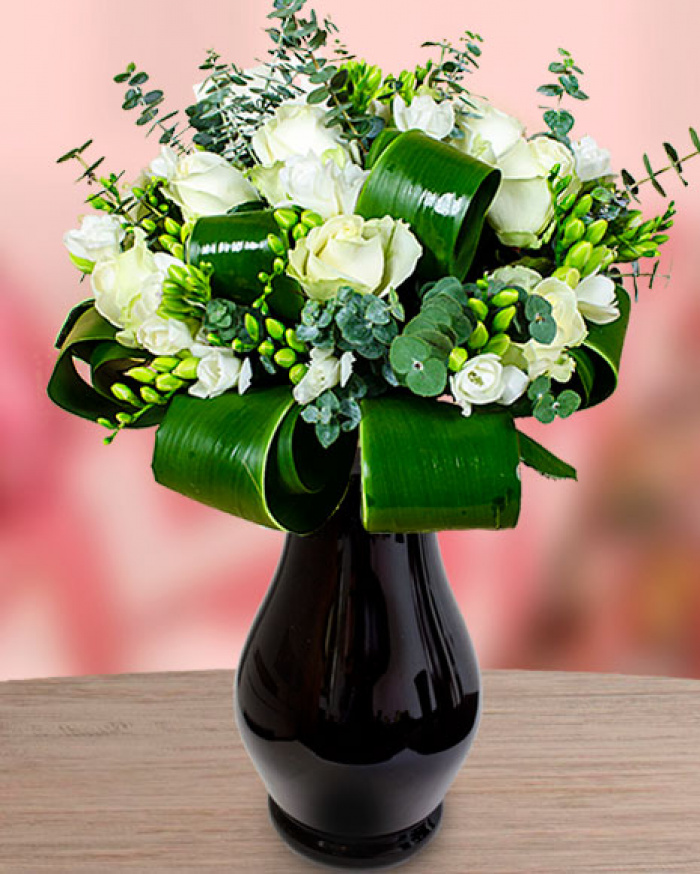 Bouquet with white roses, white freesias, eucalyptus and Cordyline – imaginea 1