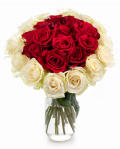 Red and white roses bouquet – imaginea 1