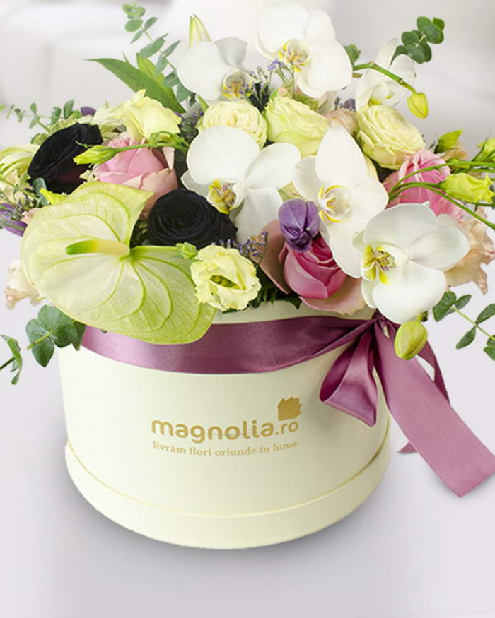 Arrangement in box with orchid – imaginea 1