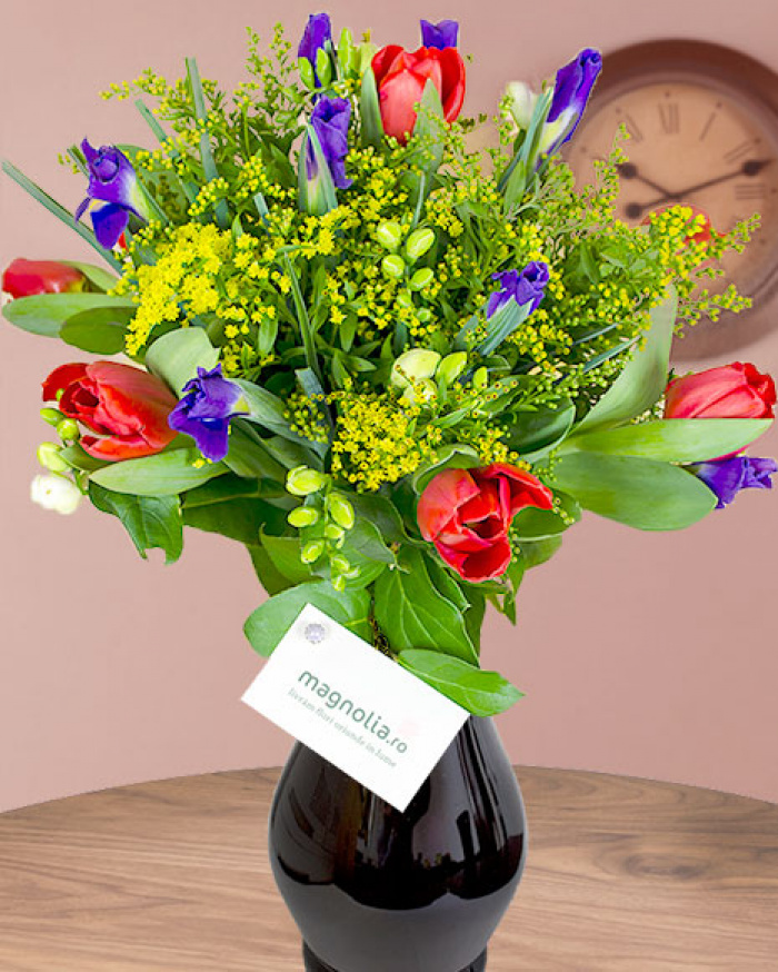 Freesia tulips and irises bouquet – imaginea 1
