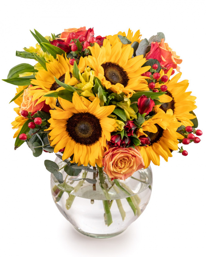 Buchet floarea-soarelui şi trandafiri – imaginea 1