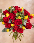 Bouquet with red roses, tulips and craspedia – the image 3