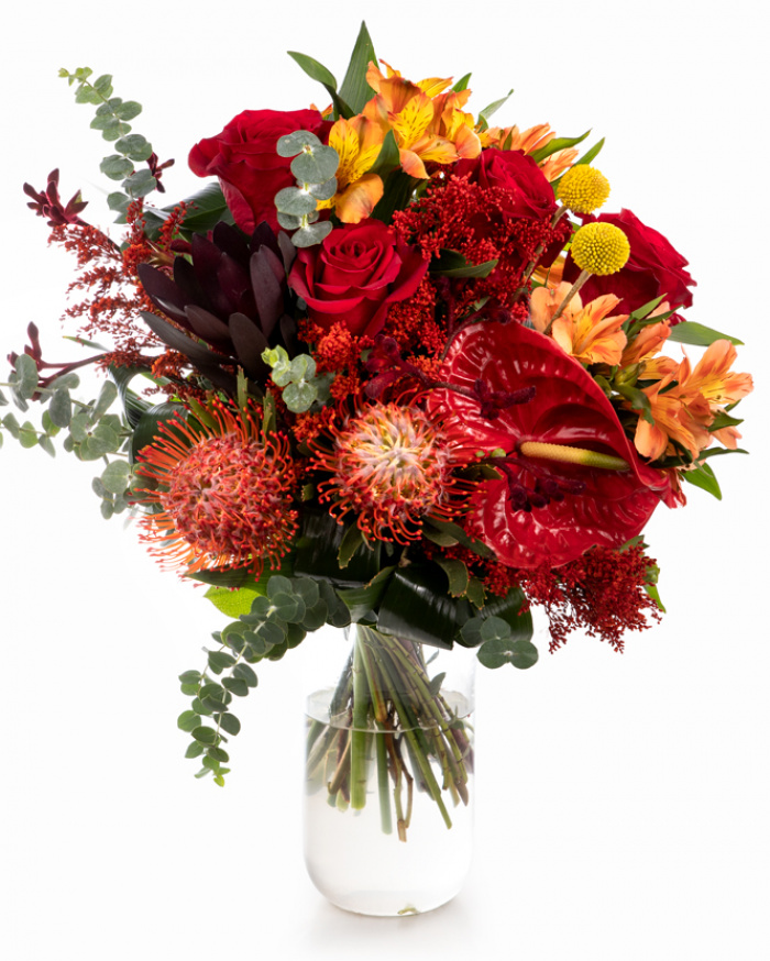 Bouquet with red roses and exotic flowers – imaginea 1