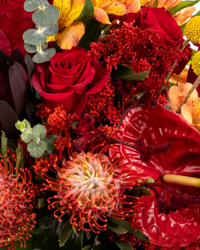 Bouquet with red roses and exotic flowers – imaginea 2