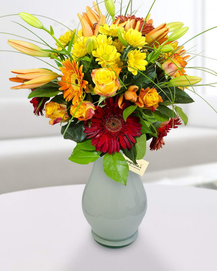 Buchet trandafiri crizanteme si gerbera – imaginea 1