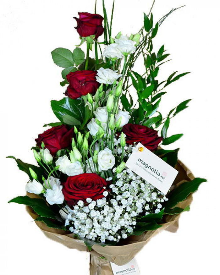 Red roses and eustoma bouquet – imaginea 1