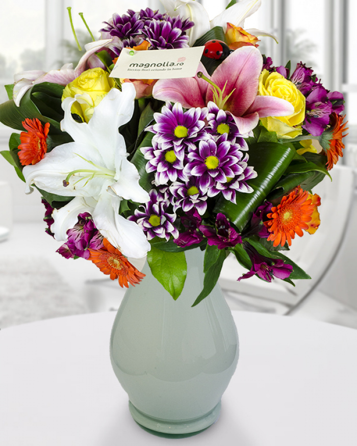 Roses, lilies and chrysanthemums bouquet – imaginea 1