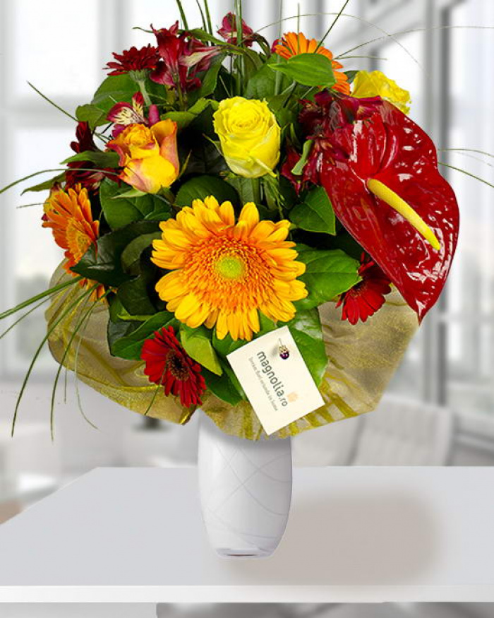 Buchet cu Anthurium Gerbera şi Trandafiri – imaginea 1