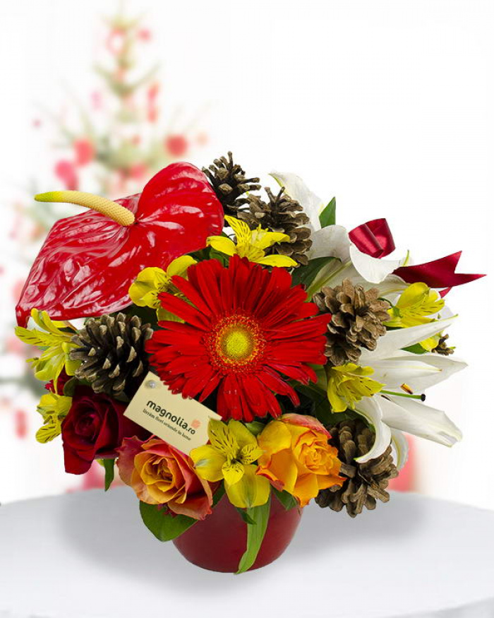 Aranjament Gerbera, Trandafiri şi Alstroemeria