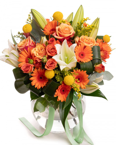 Buchet portocaliu cu gerbera și crini