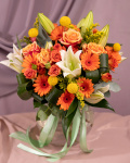 Buchet portocaliu cu gerbera și crini