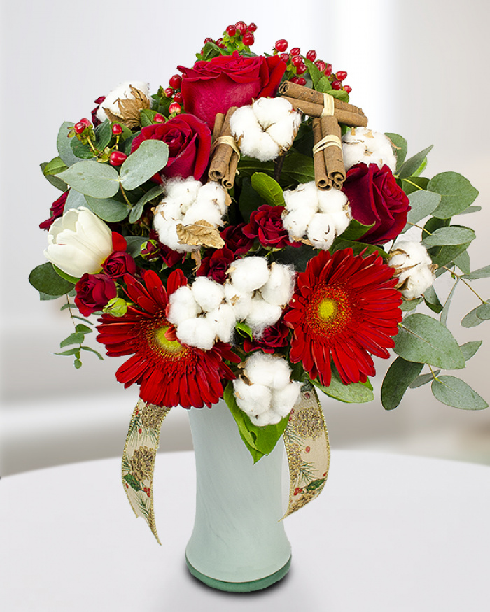 Buchet roșu decorat cu bumbac – imaginea 1