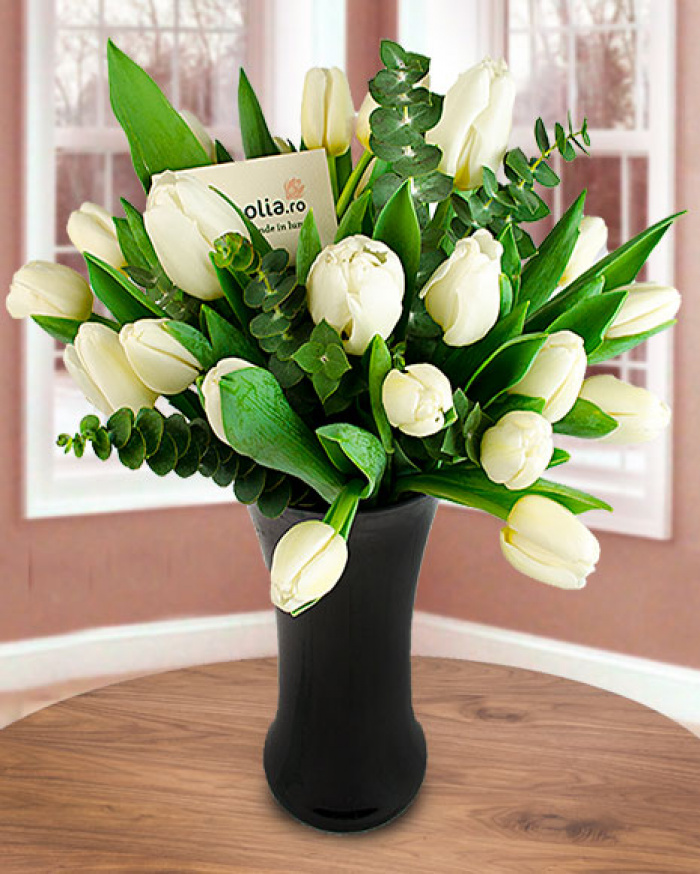 Buchet 25 lalele albe și eucalipt – imaginea 1
