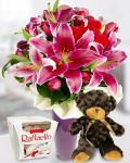 Bouquet of pink lilies and red tulips 