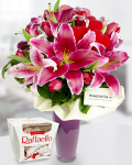Bouquet of pink lilies and red tulips  – the image 1