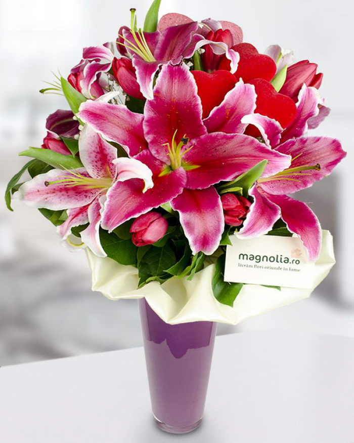 Bouquet of pink lilies and red tulips  – the image 1