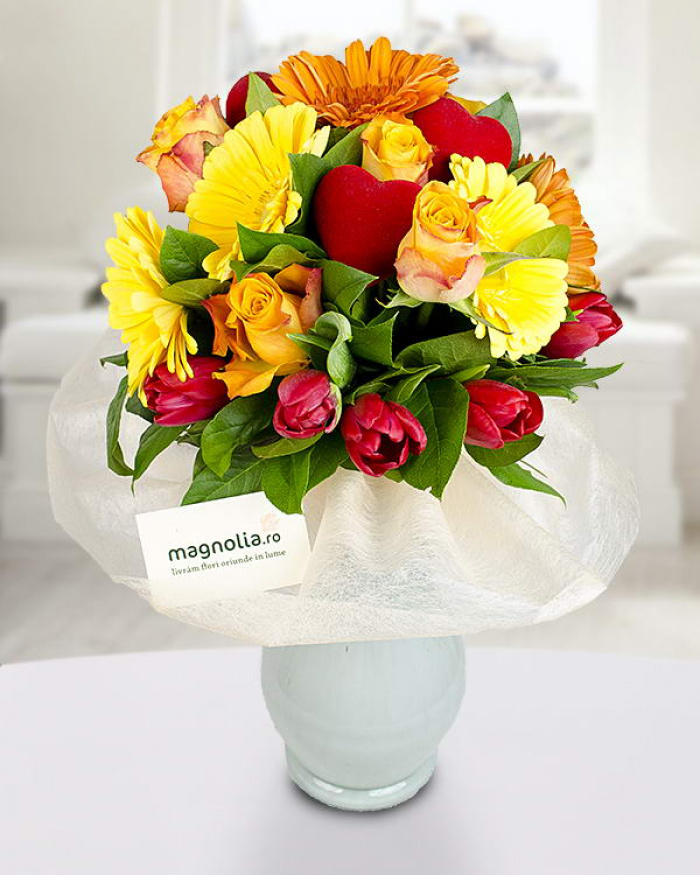 Buchet trandafiri gerbera și lalele