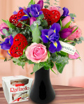 Bouquet of irises, roses, tulips and chocolate – imaginea 1