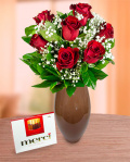 Buchet de 7 trandafiri roşii cu ciocolată – imaginea 1