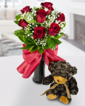 Buchet de 7 trandafiri roşii şi ursuleţ de pluş – imaginea 1