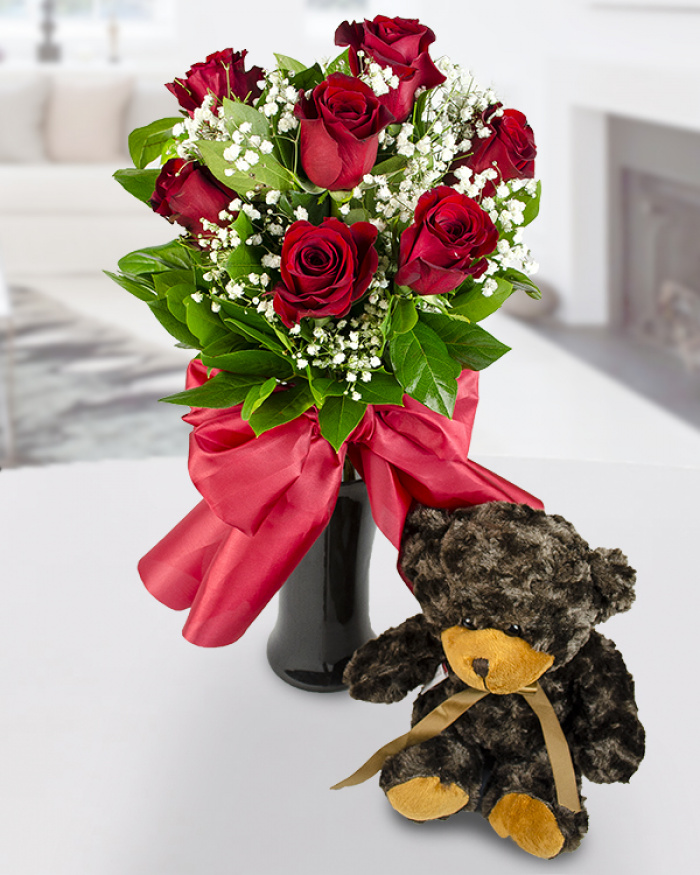 Buchet de 7 trandafiri roşii şi ursuleţ de pluş – imaginea 1