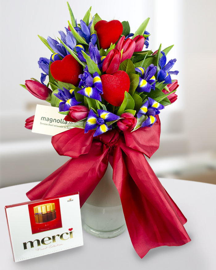 Bouquet of irises tulips and Merci chocolate – imaginea 1
