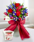 Bouquet of irises tulips and Merci chocolate – the image 1