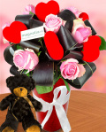 Bouquet of pink roses with hearts and a teddy bear – imaginea 1