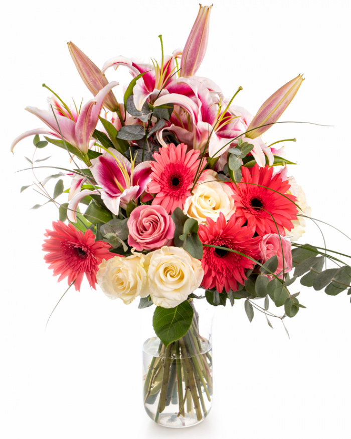 Buchet cu gerbera, crini si trandafiri