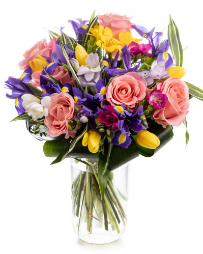 Irises, tulips and freesias bouquet