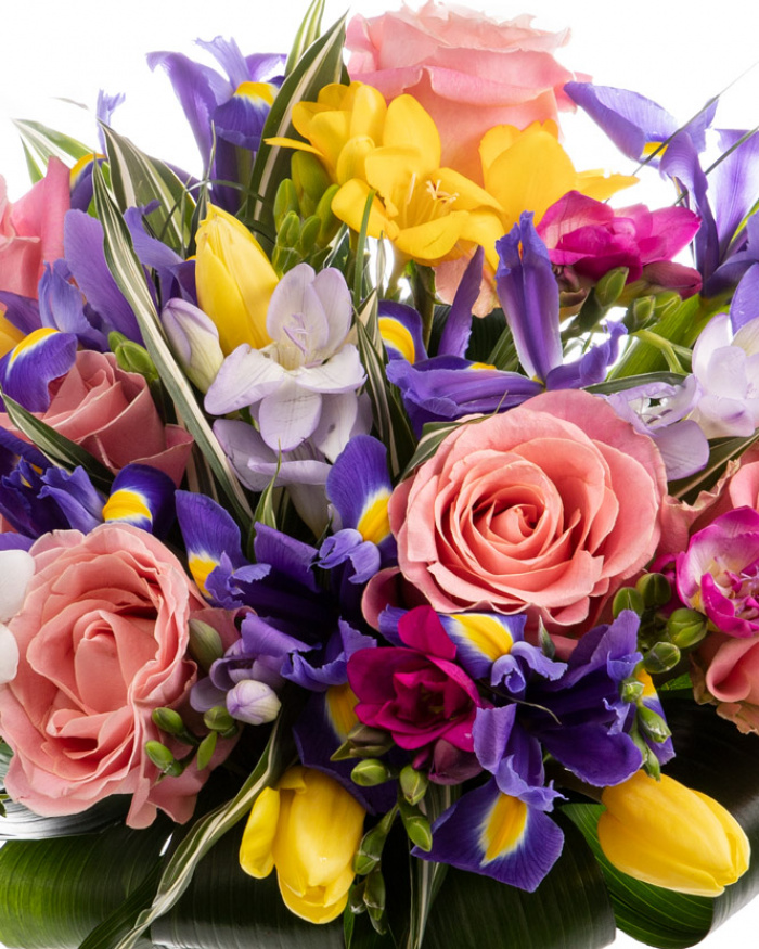 Irises, tulips and freesias bouquet – imaginea 2