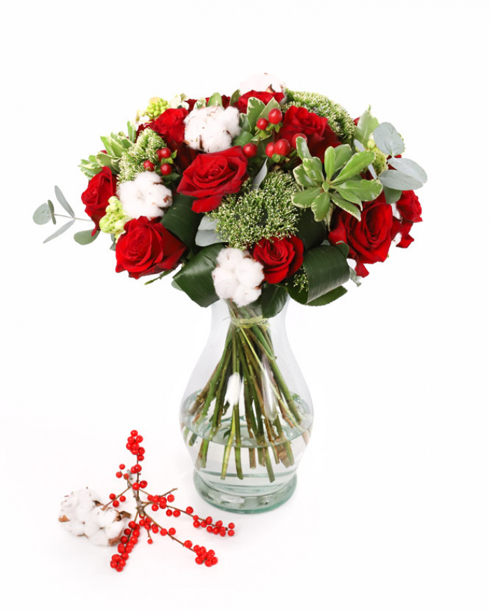 Buchet trandafiri rosii si bumbac – imaginea 1
